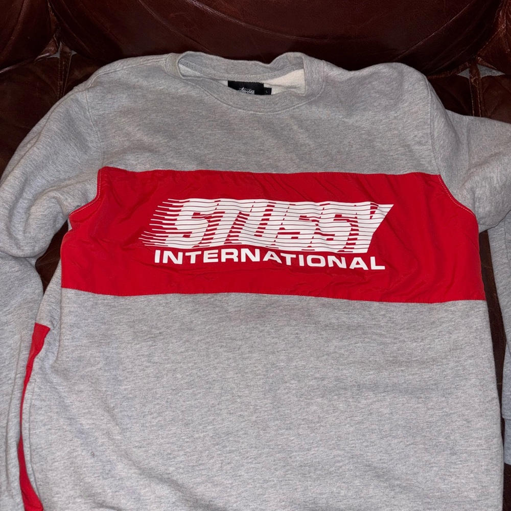 Stussy Gray and Red Logo Sweatshirt